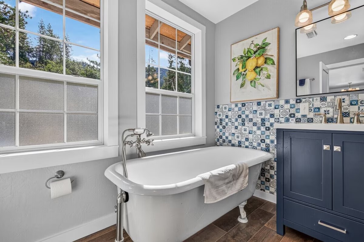 Freestanding soaking tub in the upstairs bathroom